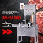 SFL-315HD - SERRA FITA PARA CARNE INOX, COM EMPURRADOR, MESA MÓVEL, REGULADOR DE CORTE, LÂMINA 3.150 mm, HEAVY DUTY - 3 HP-CV 220 V SKYMSEN